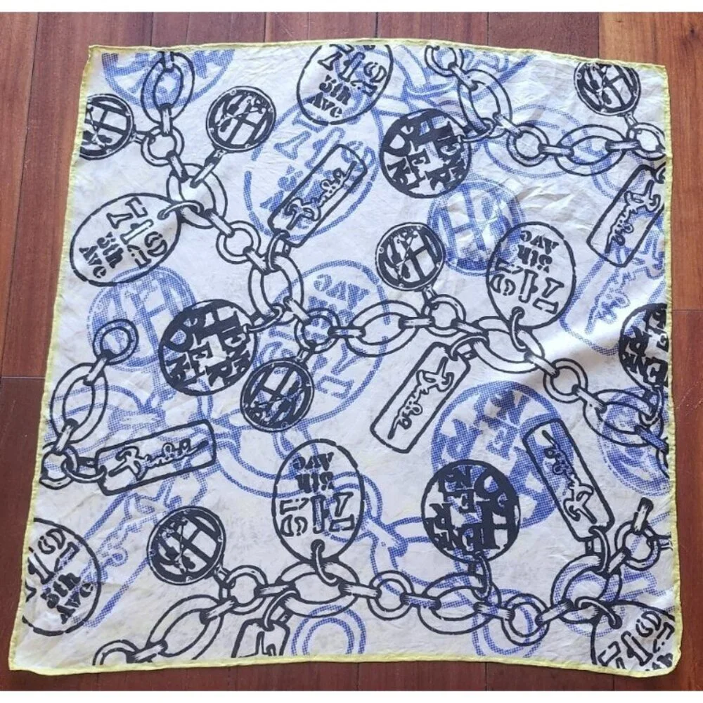 Henri Bendel Silk Scarf Charm Chain Print White Blue Yellow Square 26
